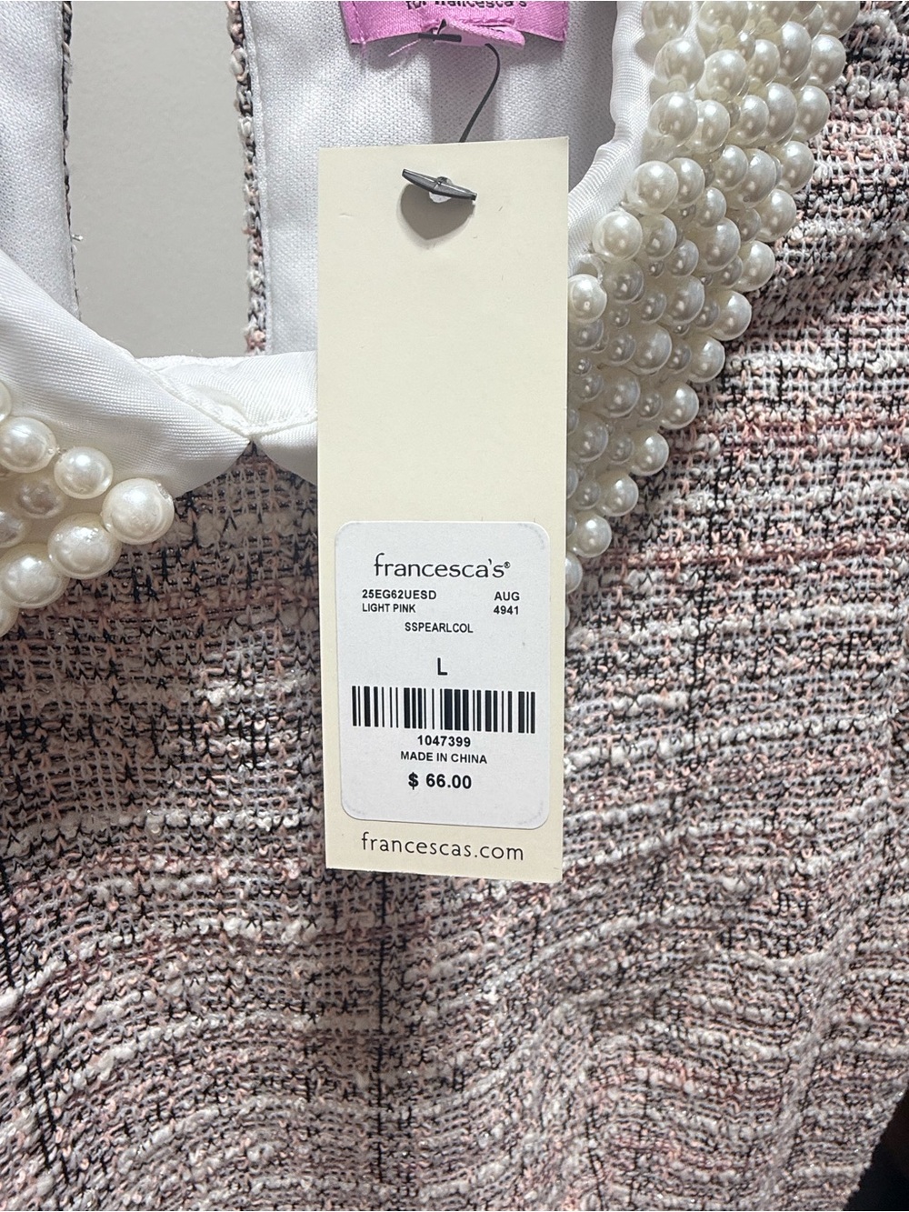 NEW! Francesca's Collections Pink & White Pearl-Collar Tweed Mini Dress - Picture 7 of 7